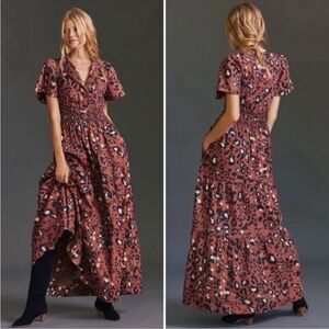 Anthropologie Maeve Somerset Maxi Tiered Poplin Dress Women Size L Leopard Print
